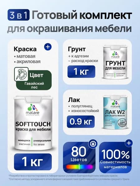 Комплект Malare SoftTouch для окрашивания мебели (1кг грунт + 1 кг краска + 0.9кг лак), акриловый, без запаха, быстросохнущий, полуглянцевый, цвет гавайский лес