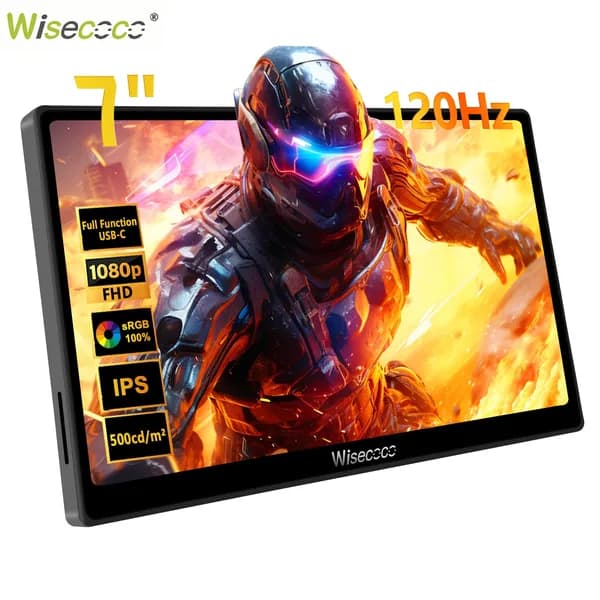 Wisecoco Пиксельный экран 7" Дисплей игрового контроллера IPS 1080P 1920×1080 120 Гц, ультратонкий экран USB-C HDMI, второй дисплей для ноутбука, ПК, Raspberry Pi 4/5, PS5, Xbox, Switch, хаки, черный матовый