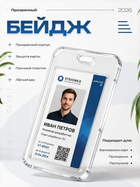 Бейдж, чехол пластиковый для пропуска, карты, проездного, прозрачный