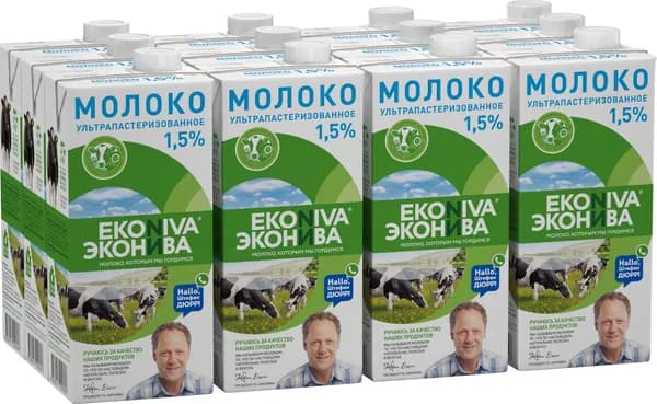 Молоко ультрапастеризованное 1,5%, 1000 мл х 12 шт, Эконива