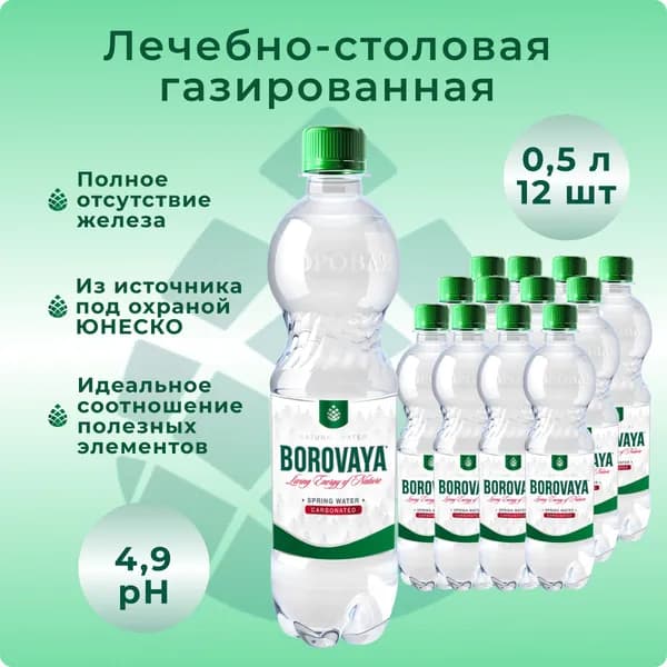 Вода минеральная БОРОВАЯ лечебно-столовая газированная, пэт 0.5 л х 12 шт.
