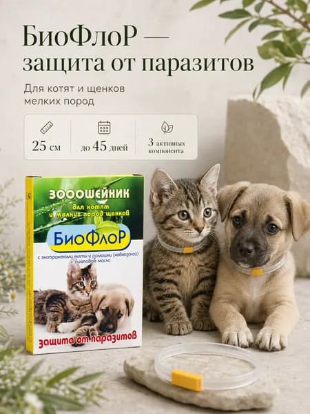 БиоФлоР Зооошейник для котят и щенков мелких пород "Защита от паразитов", с экстрактами мяты и ромашки и пихтовым маслом, 25 см