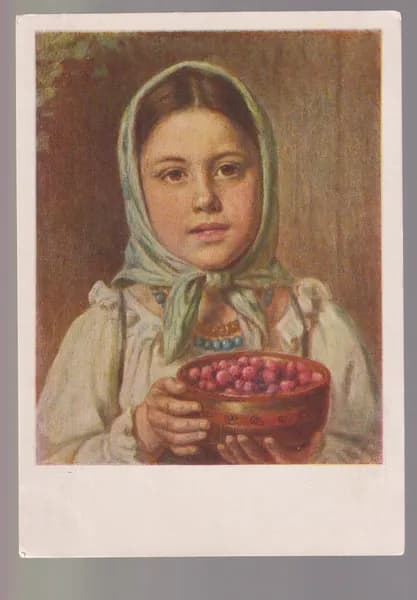 Н.Е. Рачков. Девочка с ягодами. 1879 г. Антикварная открытка.