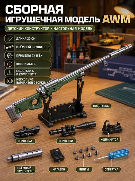 Сборная металлическая модель винтовки AWM длина 20 см, игрушечная снайперка, сменные прицелы 4Х/8Х+коллиматор, подставка в комплекте