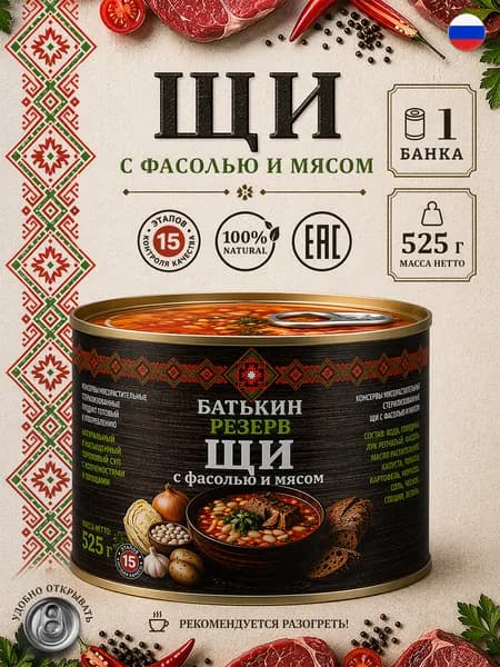 Щи с фасолью и мясом Батькин резерв, 525 г х 1 шт