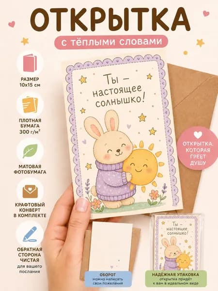 Открытка мотивирующая/мотивационная карточка с тёплыми пожеланиями 10*15 см с крафтовым конвертом