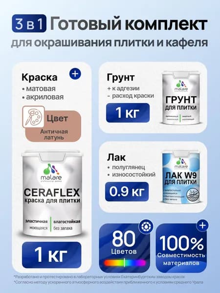 Комплект Malare LIPPO для окрашивания плитки и кафеля (1кг грунт + 1 кг краска + 0.9кг лак), акриловый, без запаха, быстросохнущий, полуглянцевый, цвет античная латунь