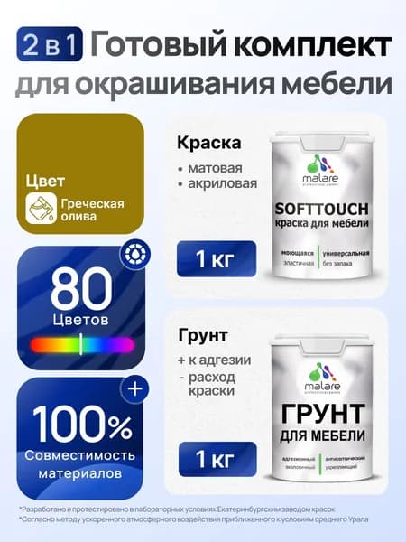 Комплект Malare SoftTouch для окрашивания мебели (1кг грунт + 1 кг краска), акриловый, без запаха, быстросохнущий, матовый, цвет греческая олива
