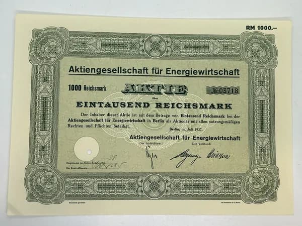 Акция Германия. АО Энергетики, поставщик электроэнергии, г.Берлин. 1000 рейхсмарок 1937 год. №45