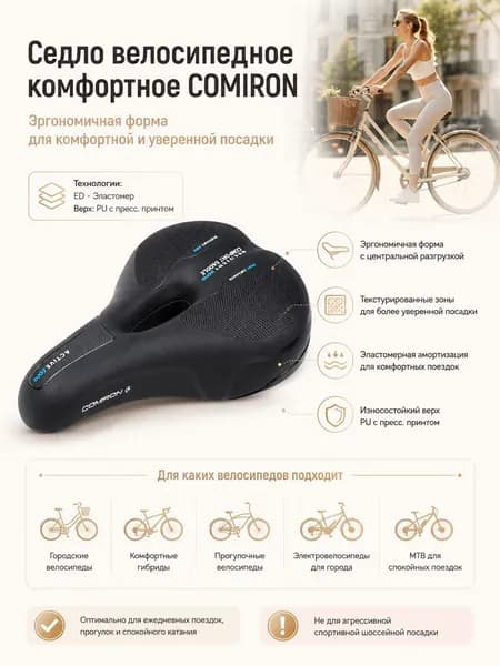 Седло велосипедное комфортное COMIRON 255x190, Технологии: ED, Эластомер, Верх: PU с пресс. принтом, Цвет: Чёрный Синий