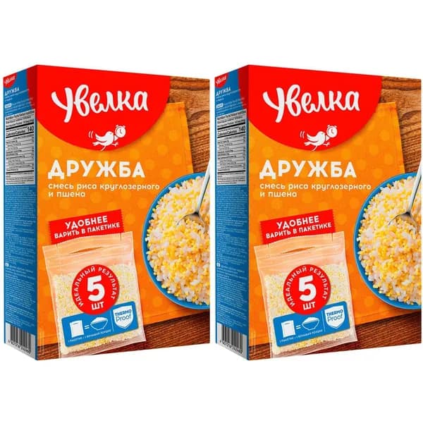 Смесь круп Увелка Дружба рис круглозерный и пшено в варочных пакетиках 80 г х 5 шт, набор: 2 штуки