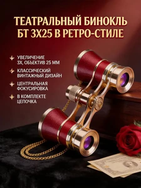 Театральный бинокль БТ 3x25 с цепочкой. Классический винтажный дизайн. Оптика для оперы, балета и концертов (25мм)