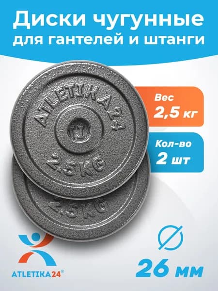 Блины для гантели и штанги 2,5 кг Atletika24 набор 2 шт.; чугунные диски для штанги/гантелей 26 мм