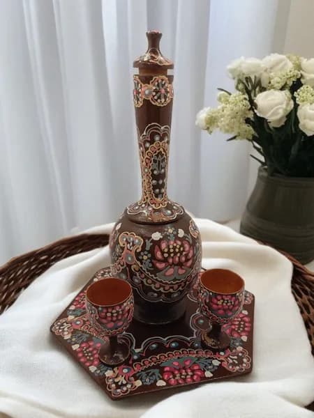Винтажный деревянный графин с рюмками на подносе, СССР, ручная роспись.