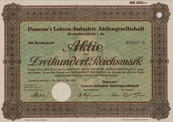 Германия, АО Duncan's Leinen-Industrie, 1929 год, 300 рейхсмарок