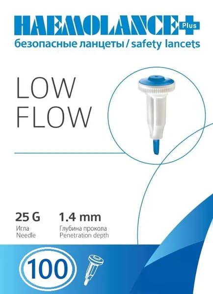 Ланцеты автоматические Haemolance Plus Low Flow, игла 25G (0,53 мм), глубина прокола 1,4 мм - 100 шт.