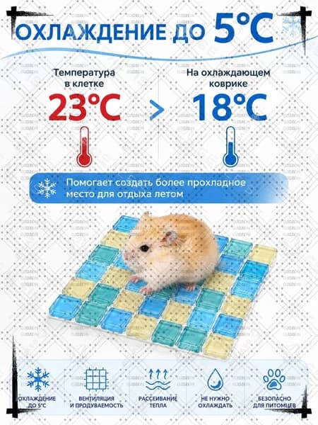 Охлаждающий коврик для грызунов, многоразовая ледяная плитка-подстилка в клетку для хомяков, морских свинок, шиншилл и кроликов - размер L 10х10 см.