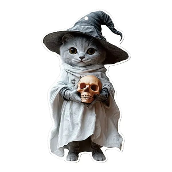 Подвесное украшение на Хэллоуин, кошка с шляпой ведьмы и тыквой/черепом, 2D, акриловое, для авто, окна, ёлки