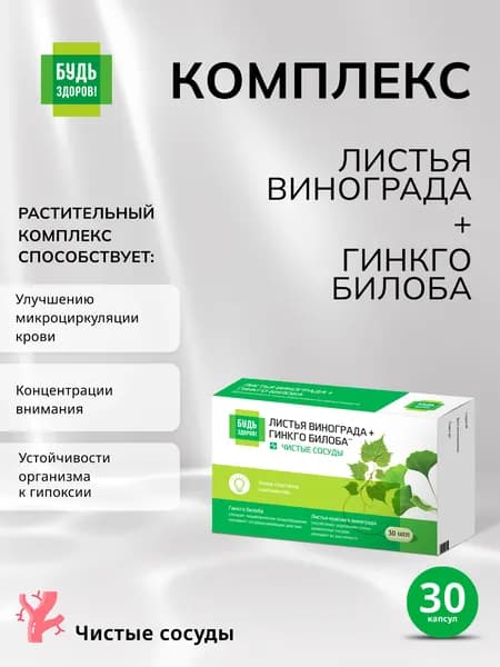 Будь Здоров! Гинкго билоба и красный виноград для памяти и сосудов мозга капсулы 30 шт