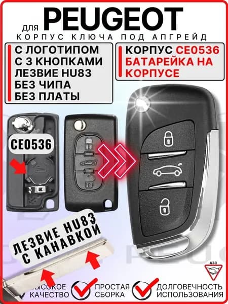 Корпус ключа зажигания для Peugeot Пежо с выкидным лезвием HU83, 3 кнопки корпус CE0536 для Peugeot 107 207 307 308 407 408 508 3008 4008