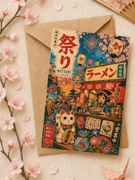 Открытка в японском стиле Matsuri Japan , яркая открытка с фестивалем и котом 10 15 см с крафт-конвертом