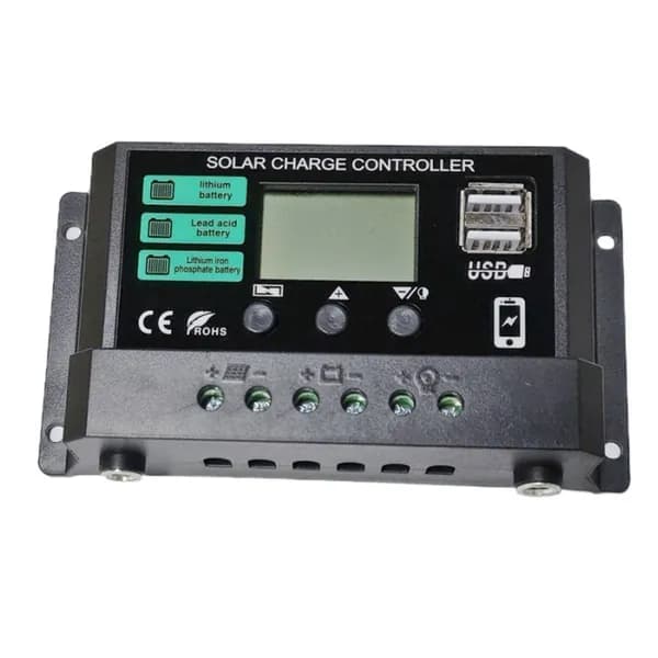 Контроллер заряда для солнечных батарей 12V/24V 30A с ЖК-дисплеем, "USB"-портом и DC-гнездом.