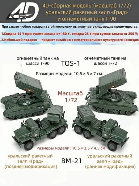 TOS-1-2 4D-сборная модель: огнеметный танк на шасси Т-72 (масштаб 1/72)