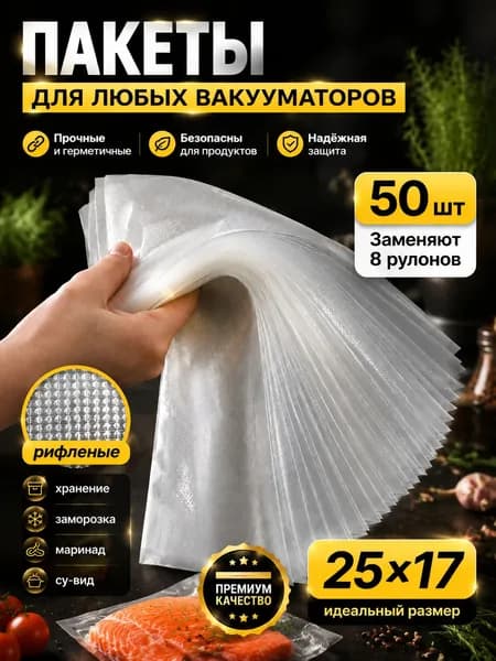 Пакеты для вакууматора рифленые, для хранения и заморозки продуктов, прозрачные 17х25 50штук