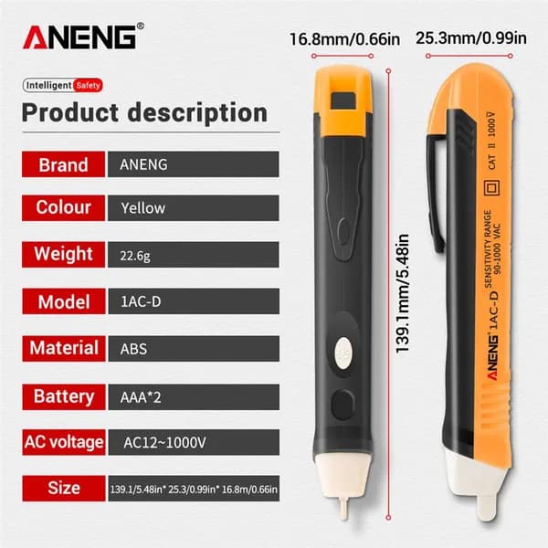 Бесконтактный индикатор напряжения ANENG 1AC-D, 90 1000 В переменного тока, жёлтый