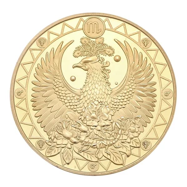 Золотистая медаль-памятная монета с изображением Скорпиона, диаметр 40 мм, двухсторонняя, рельефная