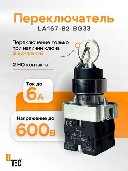 Переключатель на 3 положения, с фиксацией, с ключом, ELTEC LA167-B2-BG33 (2NO)