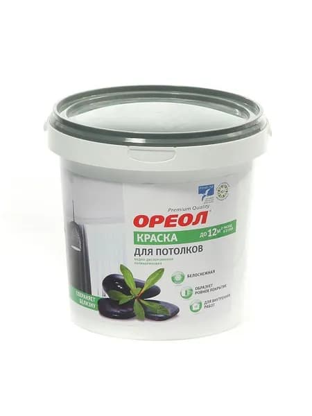 Краска водно-дисперсионная Ореол для потолков, полиакриловая, матовая, белоснежная, 1.3 кг