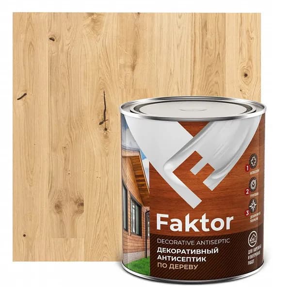 Антисептик FAKTOR декоративный для защиты и тонирования древесины 3 в 1 бесцветный, банка 0,6 кг.