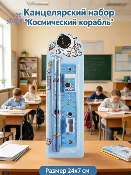Набор школьных принадлежностей 5 в 1 с мультяшным принтом: карандаши, линейка, ластик, точилка