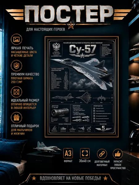 Постер А3. " Cамолёт / РФ"СУ-57