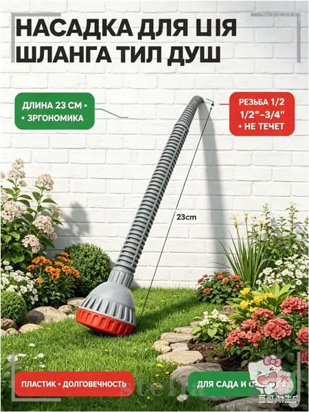 Насадка на шланг для полива 1/2"-3/4", тип сопла - душ, длина 23 см, пластик, для сада и огорода, предотвращает протечки