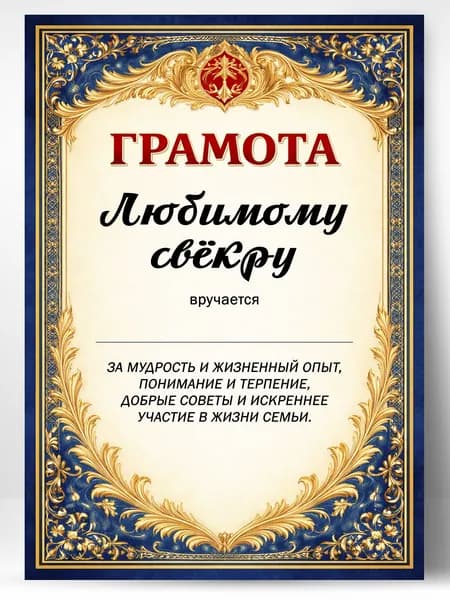 Грамота диплом в подарок - Любимому свёкру