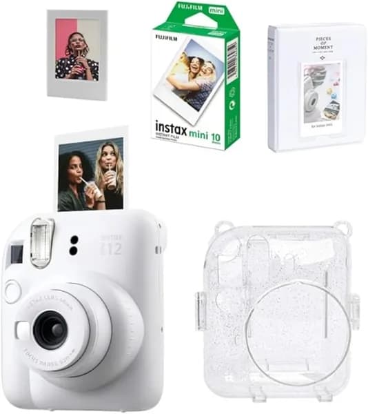 Fujifilm Instax Mini 12 фотоаппарат белый Набор из 20 пленок, футляра из блестящего плексигласа, альбома на 64 страницы и рамки с магнитами.