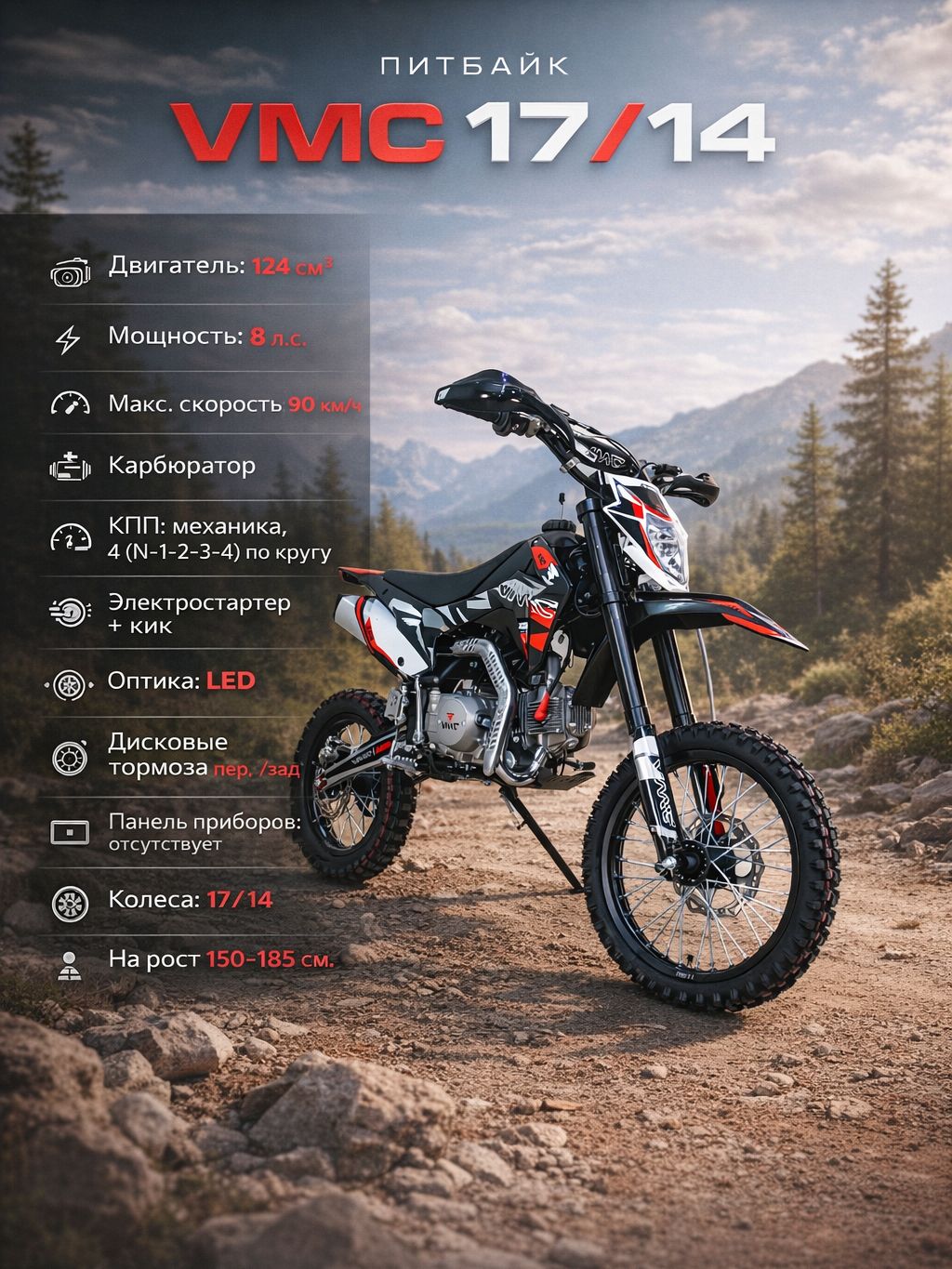 Питбайк VMC 17/14 Red 124 см3 (эл.стартер), бензиновый, для соревнований