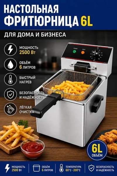 Электрическая фритюрница 6 л со съемной чашей, профессиональная фритюрница для кафе и ресторана, 2500 Вт