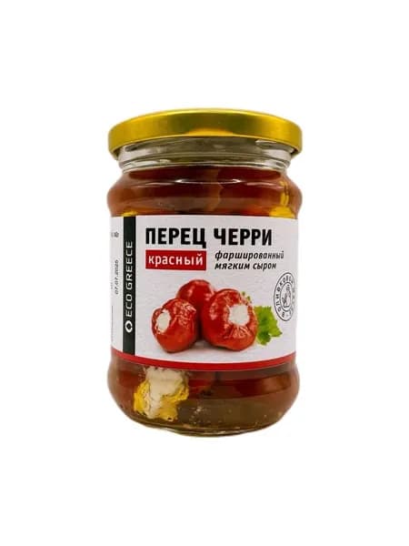 Перец черри красный, фаршированный мягким сливочным сыром, в оливковом масле EcoGreece, ст.банка, 250г