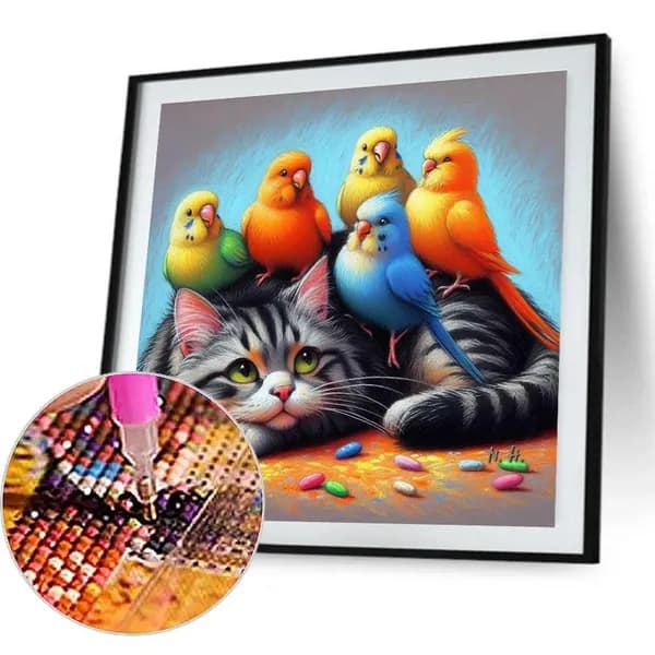 Диамантная картина Котёнок и попугай 40 40 см, 5D, из смолы