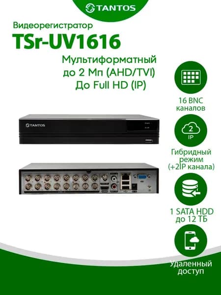 Видеорегистратор TSr-UV1616, 16-ти канальный мультиформатный + 2 дополнительных канала IP 2 МП