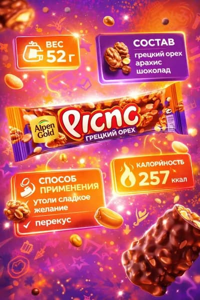 Шоколадный батончик Picnic Грецкий орех, с грецким орехом и арахисом 52г