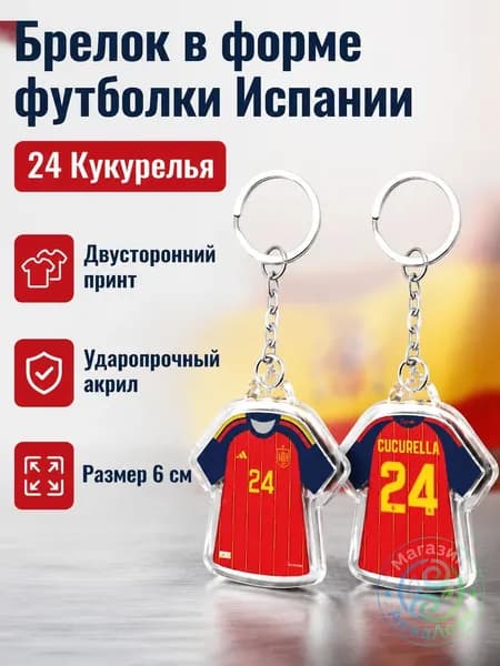 Брелок для ключей с майкой сборной Испании 2026, 6 см, двусторонний рисунок: игрок KUKURELLA 24, красная домашняя форма, акрил