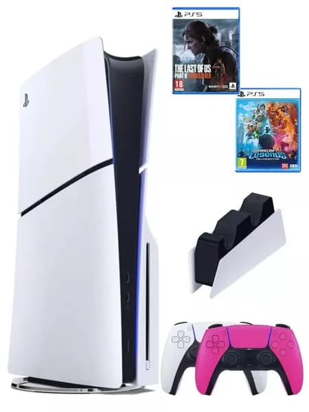 PS5 (ПС5) Игровая приставка Sony PlayStation 5 Slim+ 2-й геймпад(розовый) + зарядное + 2 игры Minecraft + The Last of Us II REMASTERED, 1000Gb