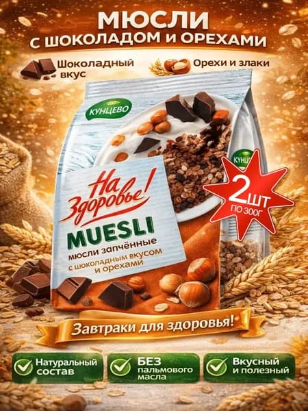 мюсли запеченные с Шоколадом и орехом Кунцево "На Здоровье!" 2шт по 300г