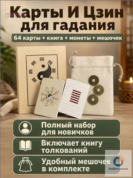 Эксклюзивный набор для освоения Ицзин, содержащий 64 карты гексаграмм, книгу с трактовками, 3 металлические монеты и хлопковый мешочек из 68 предметов
