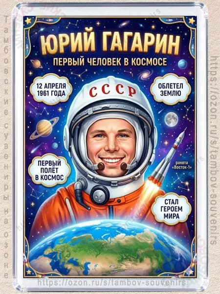 Магнит на холодильник "Юрий Гагарин-первый человек в космосе"