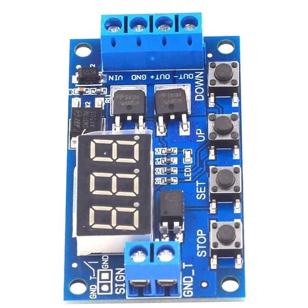 Таймер-реле DC 5 36V, цифровой модуль задержки времени. Плата с двойным MOSFET-управлением / 0.1с 999 мин, до 15A, защита от обратной полярности, кнопка "STOP".